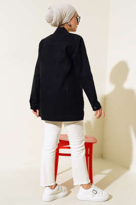 Metal Düğmeli Kot Ceket Siyah - Thumbnail