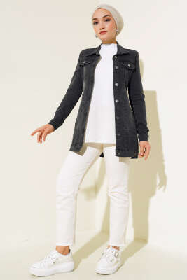 Metal Düğmeli Kot Ceket Füme - Thumbnail