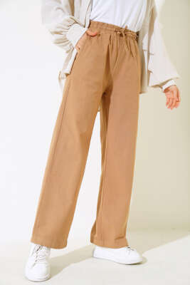 Bel Lastikli Uzun Keten Pantolon Hardal - Thumbnail