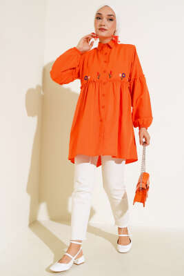 Pileli Çiçek Nakışlı Gömlek Oranj - Thumbnail