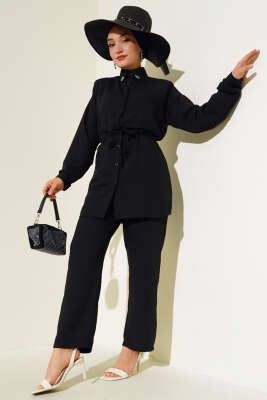 Pazarium - Yakası Taşlı İp Bağcıklı İkili Takım Siyah