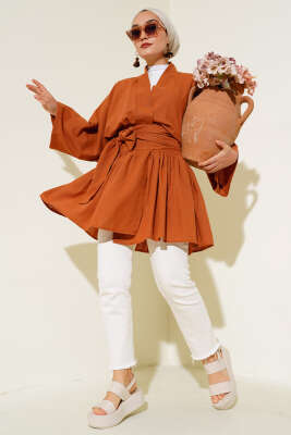 Bel Bağlamalı Keten Kimono Taba - Thumbnail