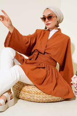 Bel Bağlamalı Keten Kimono Taba - Thumbnail