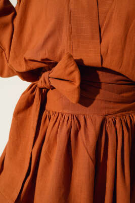 Bel Bağlamalı Keten Kimono Taba - Thumbnail