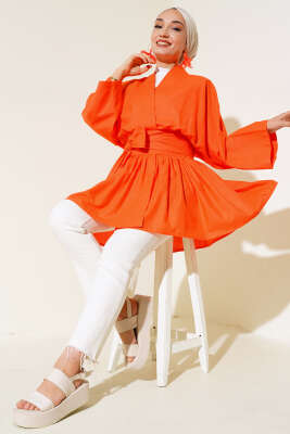 Bel Bağlamalı Keten Kimono Oranj - Thumbnail