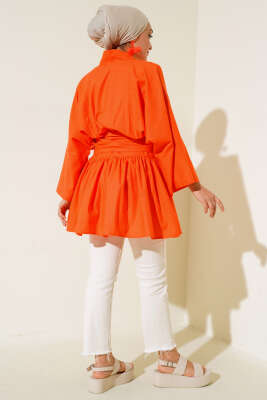 Bel Bağlamalı Keten Kimono Oranj - Thumbnail