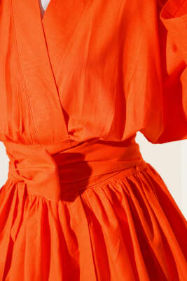 Bel Bağlamalı Keten Kimono Oranj - Thumbnail