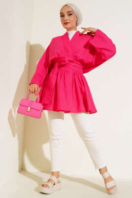 Bel Bağlamalı Keten Kimono Fusya - Thumbnail