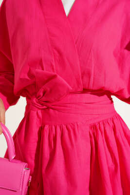 Bel Bağlamalı Keten Kimono Fusya - Thumbnail