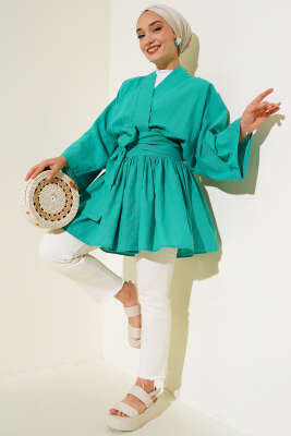 Bel Bağlamalı Keten Kimono Benetton - Thumbnail