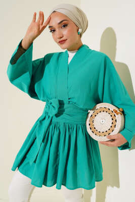 Bel Bağlamalı Keten Kimono Benetton - Thumbnail