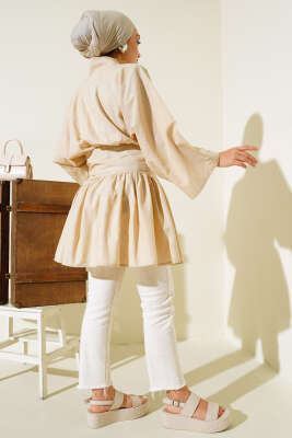 Bel Bağlamalı Keten Kimono Bej - Thumbnail