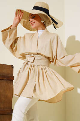 Bel Bağlamalı Keten Kimono Bej - Thumbnail