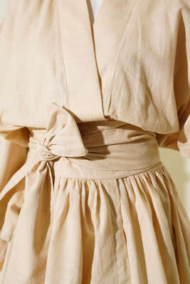 Bel Bağlamalı Keten Kimono Bej - Thumbnail