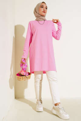 Uzun Kol Basic Tunik Pembe - Thumbnail