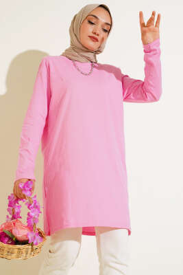 Uzun Kol Basic Tunik Pembe - Thumbnail