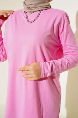 Uzun Kol Basic Tunik Pembe - Thumbnail
