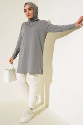 Uzun Kol Basic Tunik Füme - Thumbnail