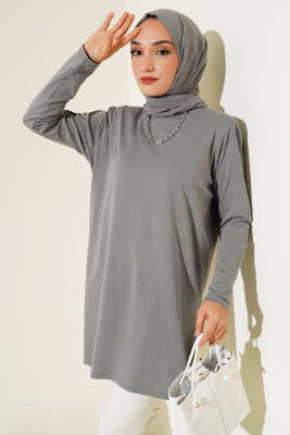 Uzun Kol Basic Tunik Füme - Thumbnail