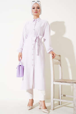 Pazarium - İp Bağcıklı Önden Düğmeli Uzun Tunik Lila