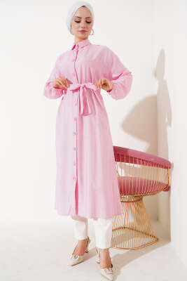 Pazarium - İp Bağcıklı Önden Düğmeli Uzun Tunik Fusya