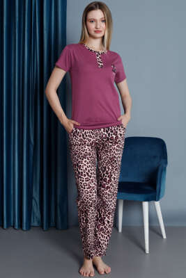 Pazarium - Leopar Desen Kısa Kol Pijama Takımı Menekşe