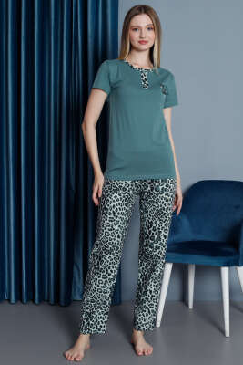 Pazarium - Leopar Desen Kısa Kol Pijama Takımı Çağla Yeşili