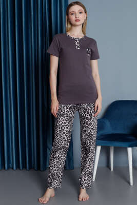 Pazarium - Leopar Desen Kısa Kol Pijama Takımı Burgonya