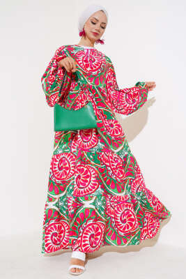 Pazarium - Yaka İpli Yarasa Kol Elbise Fuşya Yeşil