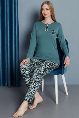 Pazarium - Leopar Desen Uzun Kol Pijama Takım Çağla Yeşili