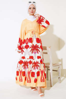 Pazarium - Bel Tünelli Salaş Elbise Hardal Kiremit