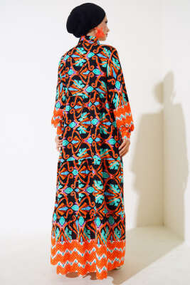 Boy Düğmeli Viskon Elbise Siyah Kiremit - Thumbnail