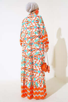 Boy Düğmeli Viskon Elbise Oranj Yeşil - Thumbnail