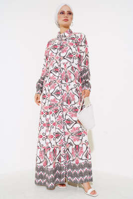 Pazarium - Boy Düğmeli Viskon Elbise Gül Kurusu Siyah