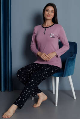 Pazarium - Yıldız Nakışlı Uzun Kol Pijama Takımı Menekşe