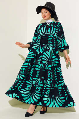 Pazarium - Yaka Püsküllü Desenli Elbise Lacivert Yeşil