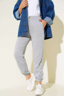 Bel Ve Bilek Lastikli Jogger Pantolon Gri - Thumbnail
