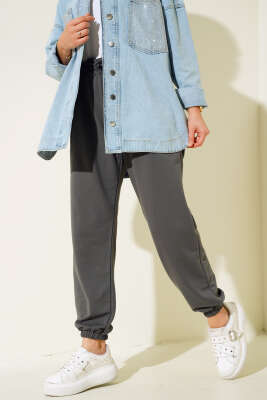 Pazarium - Bel Ve Bilek Lastikli Jogger Pantolon Füme