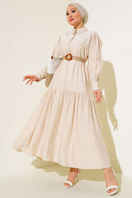 Hasır Kemerli Yarım Düğmeli Elbise Taş - Thumbnail