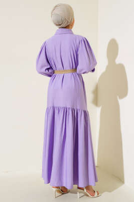 Hasır Kemerli Yarım Düğmeli Elbise Lila - Thumbnail