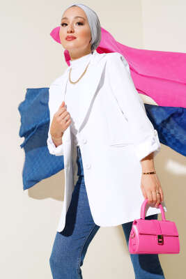 Kol Düğme Biritli Ceket Beyaz - Thumbnail
