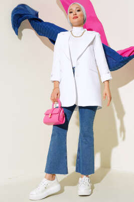 Kol Düğme Biritli Ceket Beyaz - Thumbnail