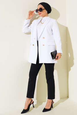 Garnili Kruvaze Beyaz Ceket - Thumbnail