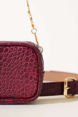 Kroko Desen Vişne Bel Çantası - Thumbnail