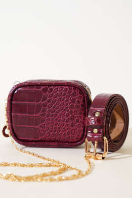 Kroko Desen Vişne Bel Çantası - Thumbnail