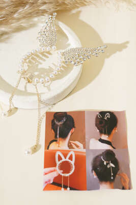 İncili Melek Kanatlı Taraklı Toka Gold - Thumbnail