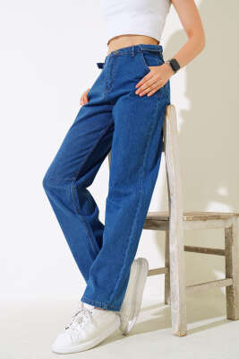 Pazarium - Baggy Yan Tokalı Kot Pantolon Koyu Mavi