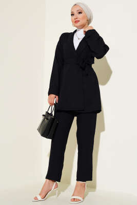 Ceketi Bel Kuşaklı İkili Takım Siyah - Thumbnail