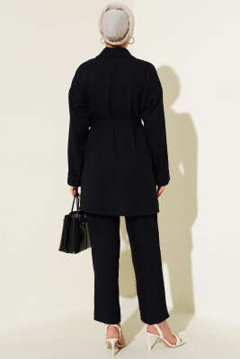 Ceketi Bel Kuşaklı İkili Takım Siyah - Thumbnail