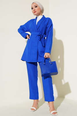 Ceketi Bel Kuşaklı İkili Takım Saks - Thumbnail